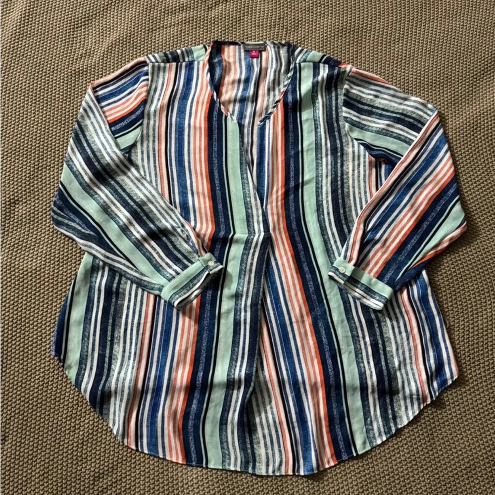 Vince Camuto Tunic Blouse Blue Turquoise Pink Stripe Long Sleeve V-Neck Sz XL